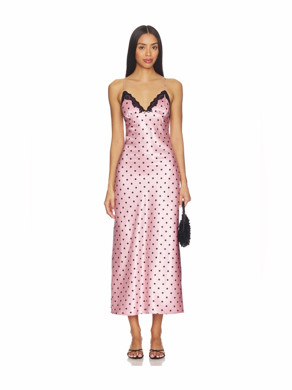 Pink Polka Dot Satin Slip Dress with Black Lace Trim
